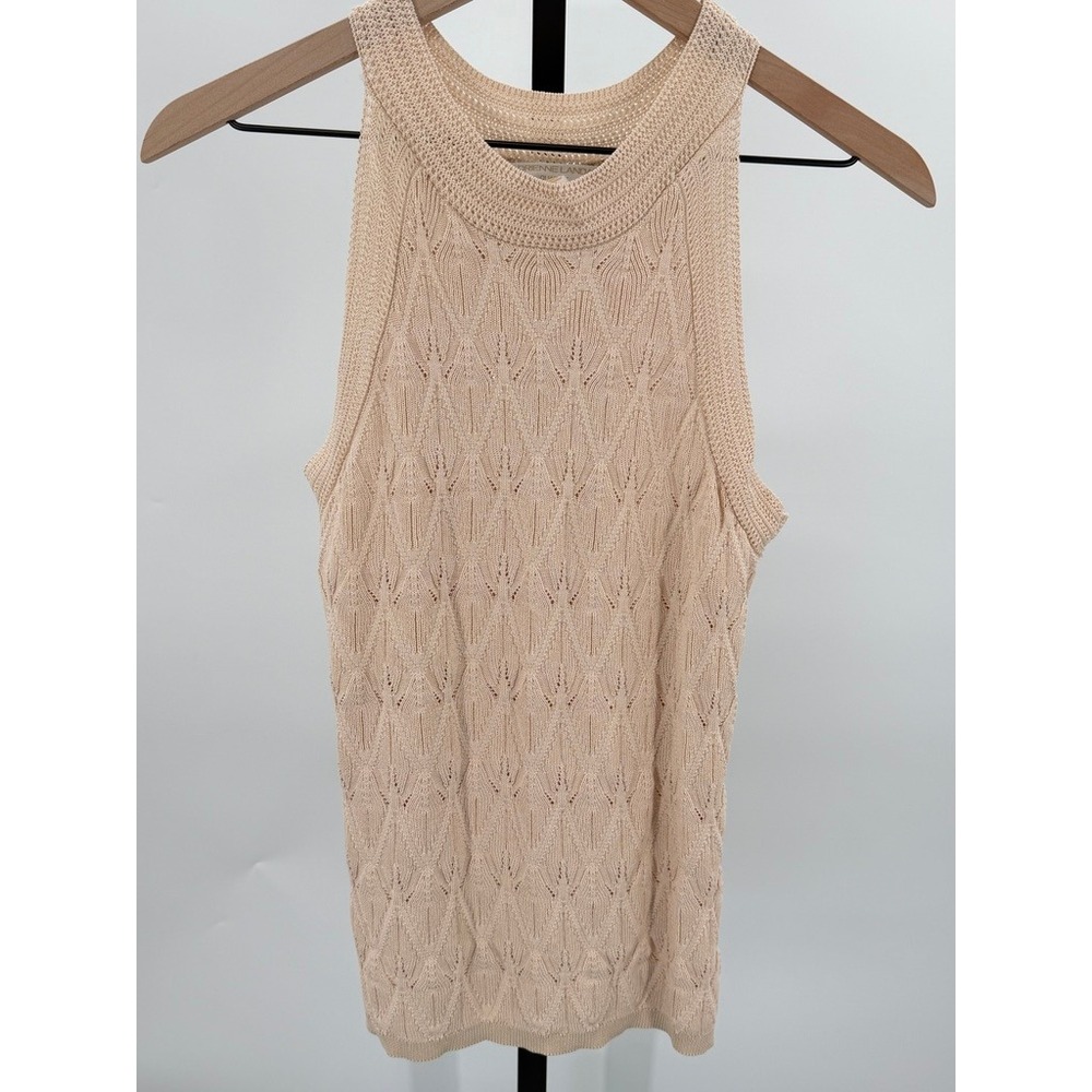 Sleeveless Open Knit Sweater Tank Top Beige Boho Resort Vacation Summer Layering